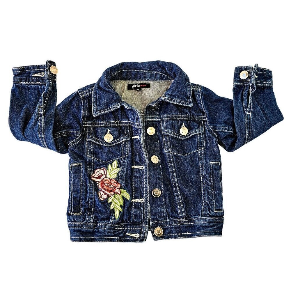 Girls Denim Jacket Size 3T Floral Embroidered Button-Up Jeans Coat w Pockets